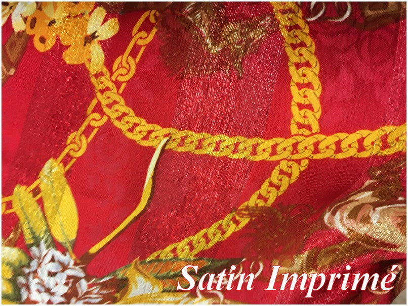 Tissu Satin Imprimé En Motif Or Doré Et Rouge Pour Fabrication de vetements et customisations.