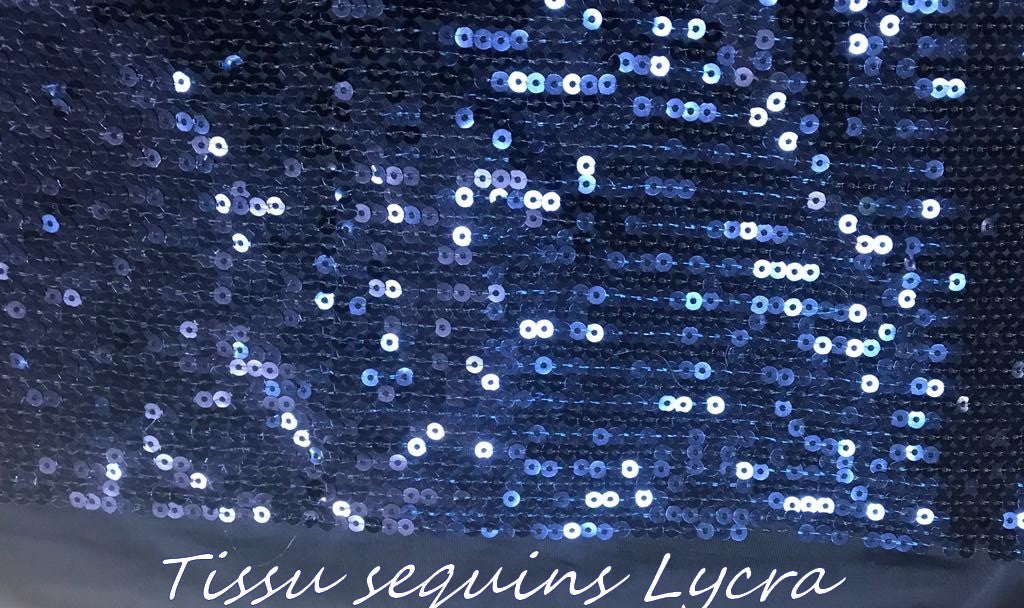 Sequin Fabric by the Meter Navy Blue Lycra Sequins in Large Width.