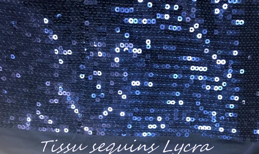 Tissu Sequins Au Mètre Paillette Lycra Bleu Marine En Grande Largeur.