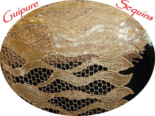 Tissu Sequins Dentelle Guipure Et Paillette Miel Doré En Grande Largeur
