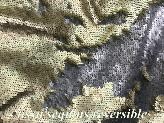 Tissu Sequins Réversible Or Mat & Argent Brillant – Paillettes Luxe au Mètre.