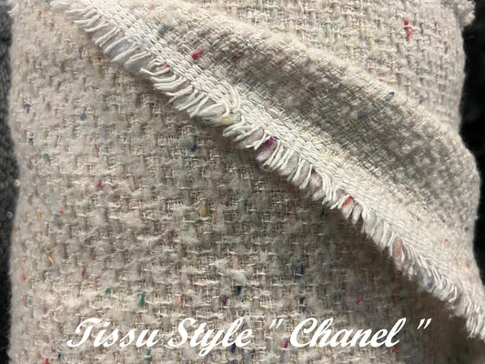 Tissu Style "Chanel" Tweed Ecru Ivoire Au Mètre Haute Couture.