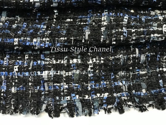 Tissu Style "Chanel" Tweed Marine et Noir Au Mètre  Haute  Couture.