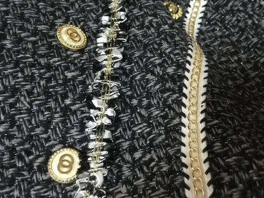 Tissu Style "Chanel" Tweed Noir Au Mètre En Noir Et Gris Haute  Couture.