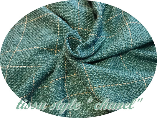 Tissu Style "Chanel" Tweed Vert Au Mètre Haute  Couture.