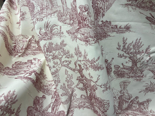 Tela Toile de Jouy 280 cm – Estampado rojo sobre fondo crudo para decoración y mobiliario