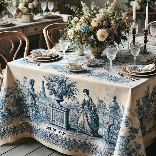 Tela Toile de Jouy Azul Índigo sobre Fondo Crudo, 280 cm de alto – Elegancia y Refinamiento para tu Decoración