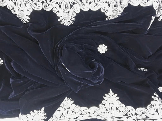 Tissu Velours Bleu Marine Brodé en Fil Argent, Une Touche de Raffinement au Mètre Couture