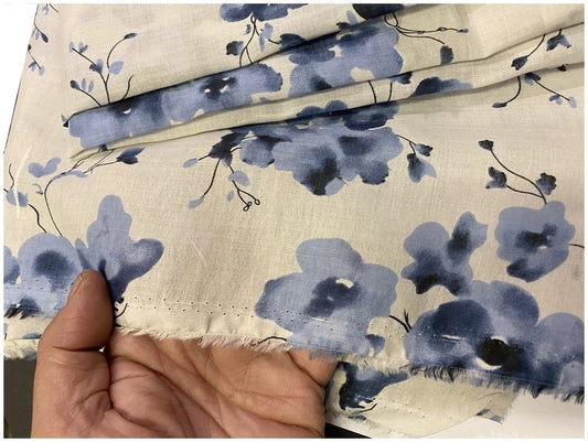 Tissu Voile De Coton Imprimé Fleurs Bleu Indigo Au Mètre En Grande Largeur