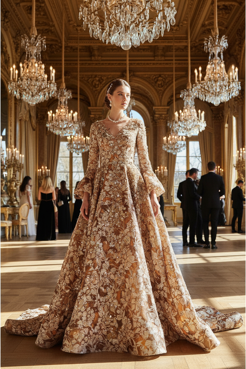 Robe de soirée en brocart perlé cuivré et or – gala parisien