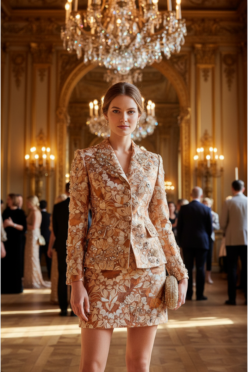 Tailleur veste et jupe courte en brocart perlé cuivré et or – cérémonie parisienne