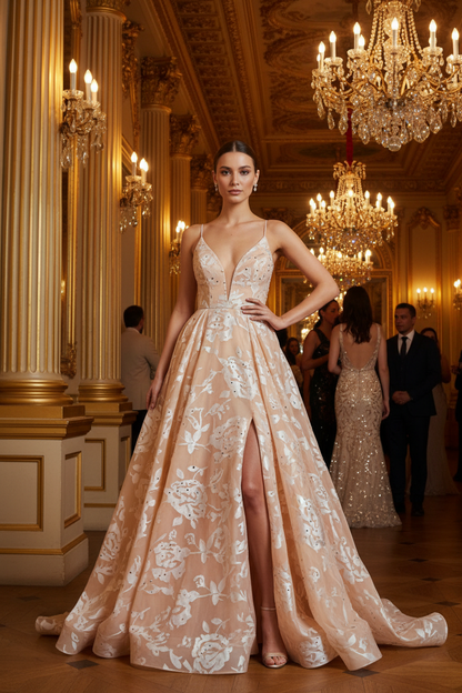 Robe de soirée en mousseline devoré saumon clair ornée de strass – soirée mondaine