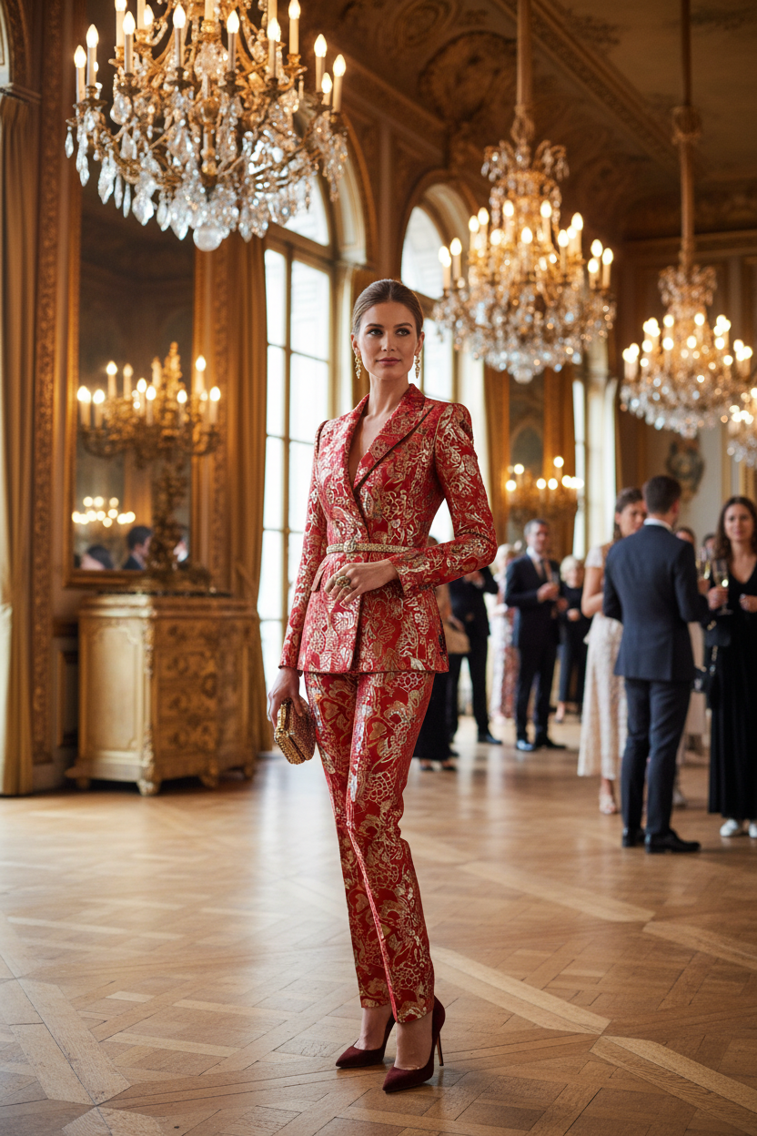 Tailleur en brocart rouge et or jacquard – cérémonie parisienne