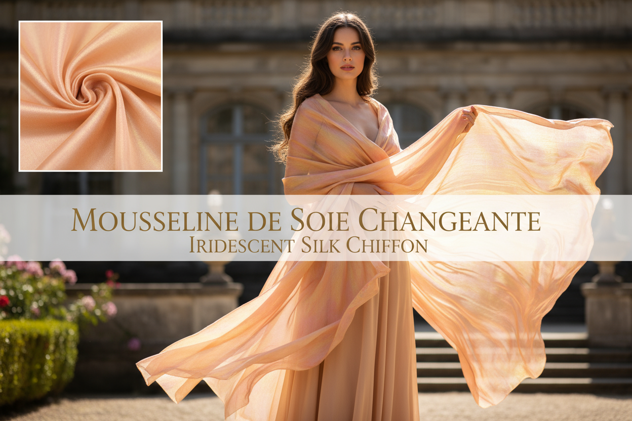 Mousseline de Soie Changeante Pêche et Jaune 145 cm - Haute Couture
