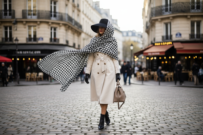 Étole pied-de-poule sur chapeau dans la rue