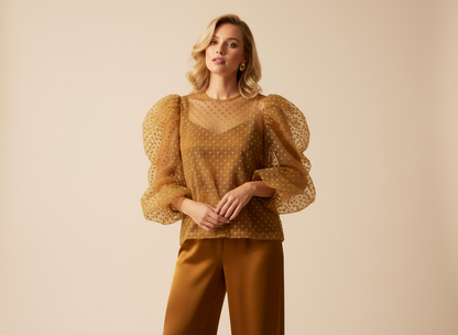 Tulle Plumetis Moutarde 145 cm - Pois Brodés Dorés - Non Extensible Premium