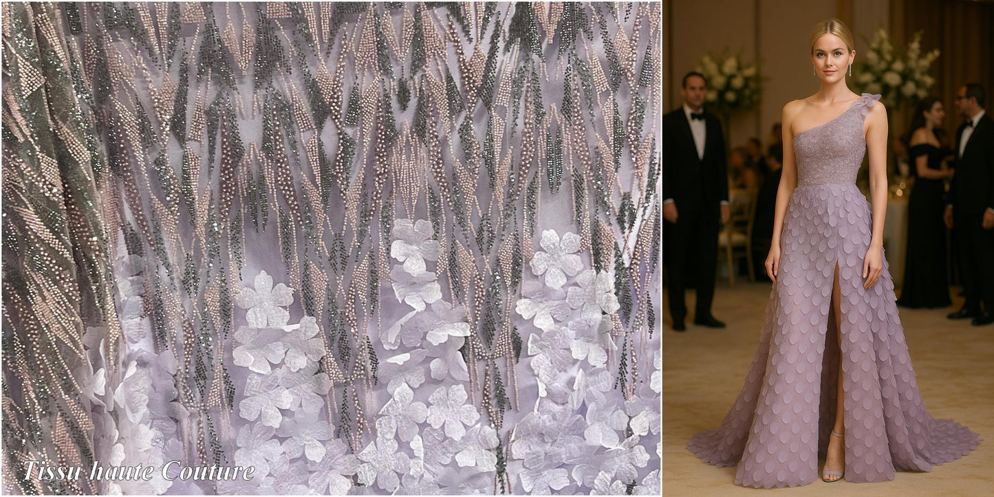 Tulle Haute Couture Parme Orné de Pétales – Élégance & Raffinement - vendu par coupon de 3.5 mètres
