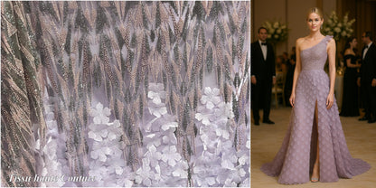 Tulle Haute Couture Parme Orné de Pétales – Élégance & Raffinement - vendu par coupon de 3.5 mètres
