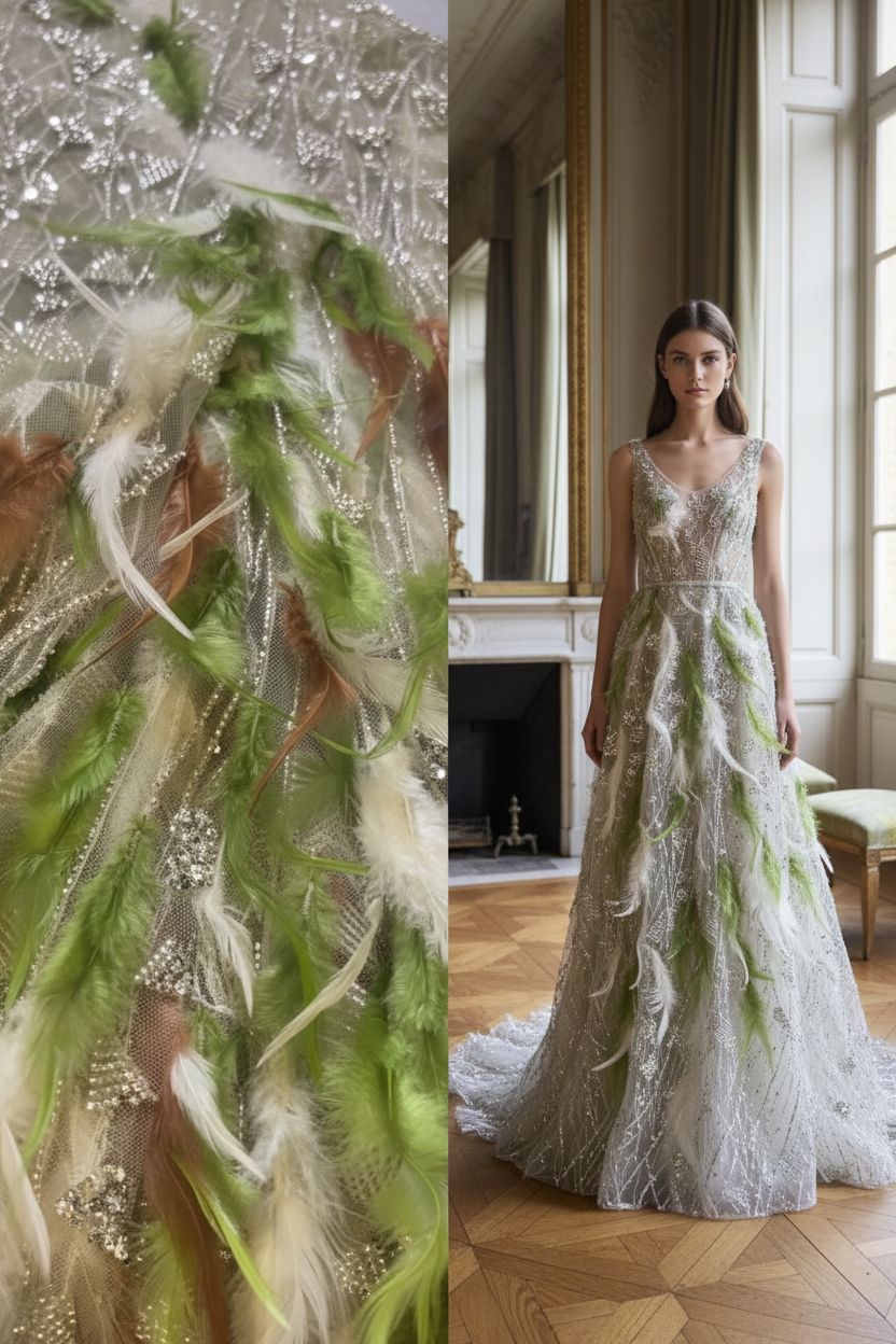 Tulle perlé avec plumes – robe de soirée haute couture