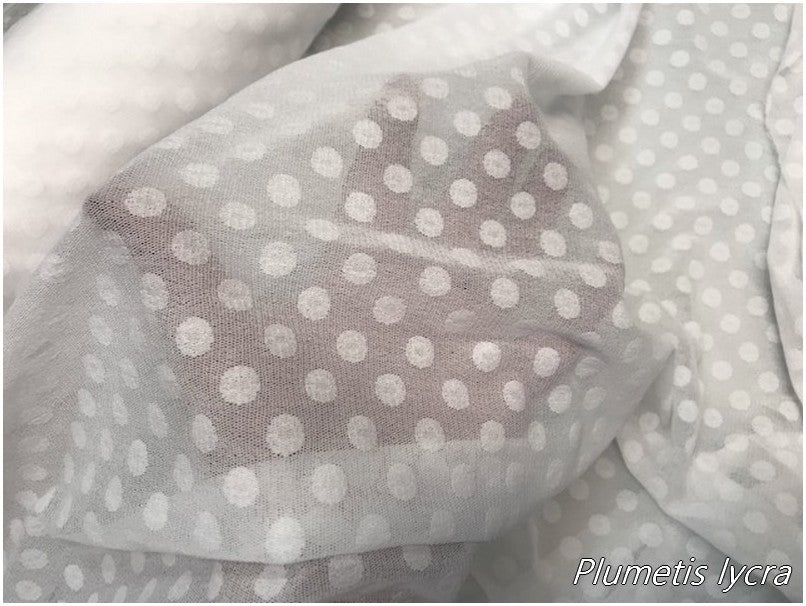 White Lycra Plumetis Tulle with Large Polka Dots by the Meter for Leotards, Weddings and Decorations