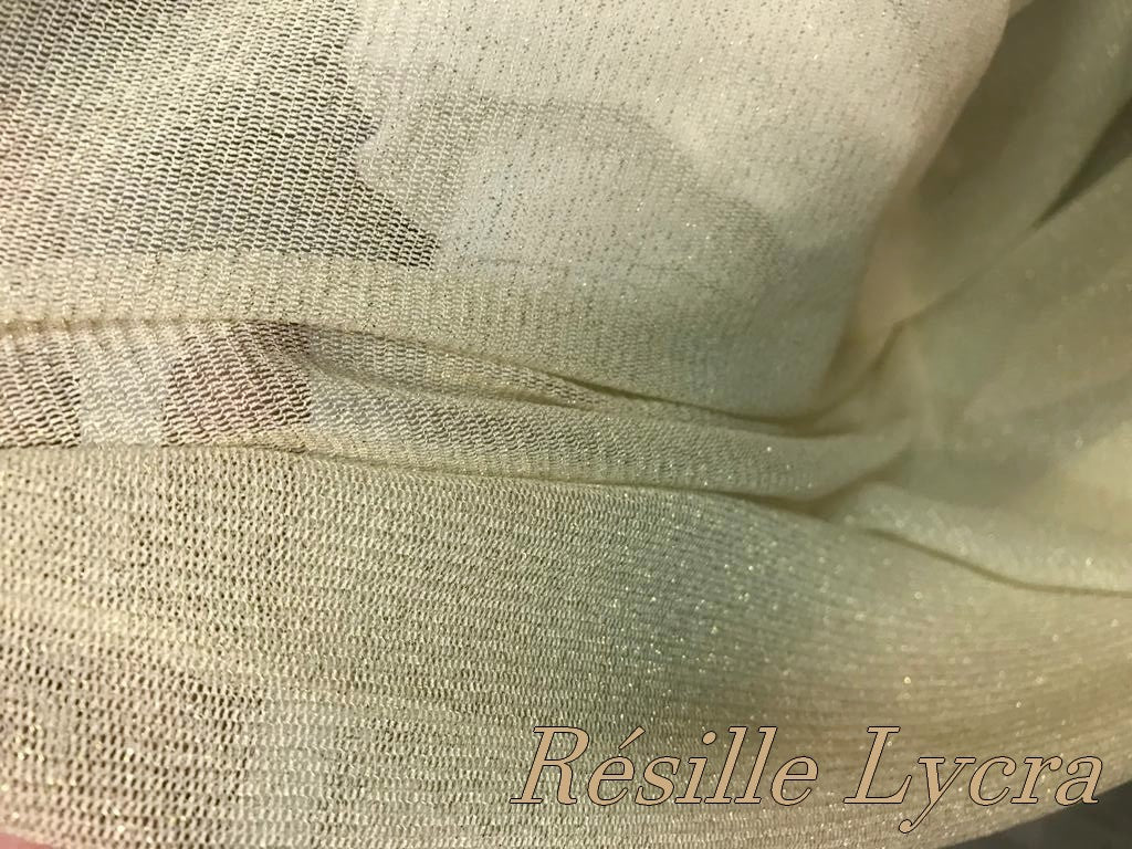 Tulle Résille Lycra En Beige Lurex Or EN 1 Mètre 80 De Largeur   pour justaucorps, Danse, Lingerie.