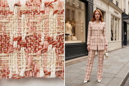 Tweed rose à côté d’une femme rousse en tailleur long devant des boutiques