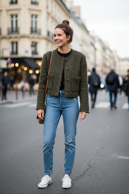 Veste courte tweed kaki  pour jeune femme réalisé avec notre tissu