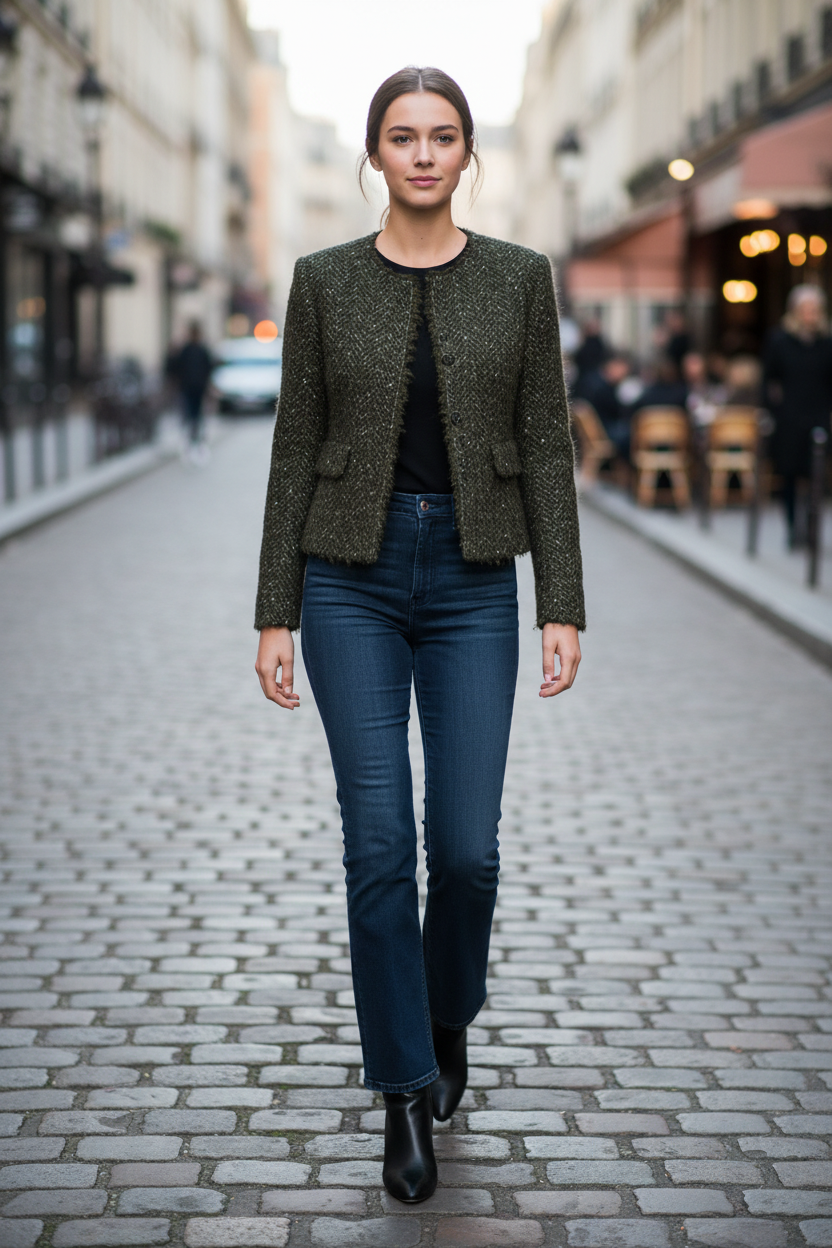Veste courte tweed kaki