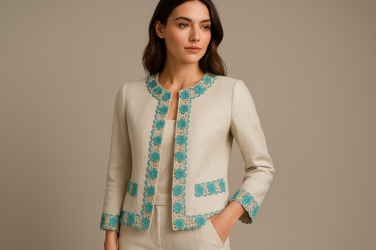 Guipure Turquoise et Écrue 17cm - Dentelle Florale Premium au Mètre