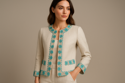 Guipure Turquoise et Écrue 17cm - Dentelle Florale Premium au Mètre