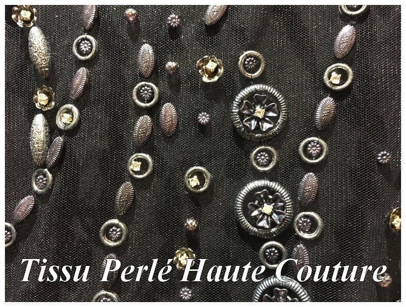 Haute Couture Pearl Fabric on Black Mesh for the Creation of Cocktail Dresses, Ceremonies and Caftans.