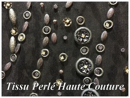Haute Couture Pearl Fabric on Black Mesh for the Creation of Cocktail Dresses, Ceremonies and Caftans.