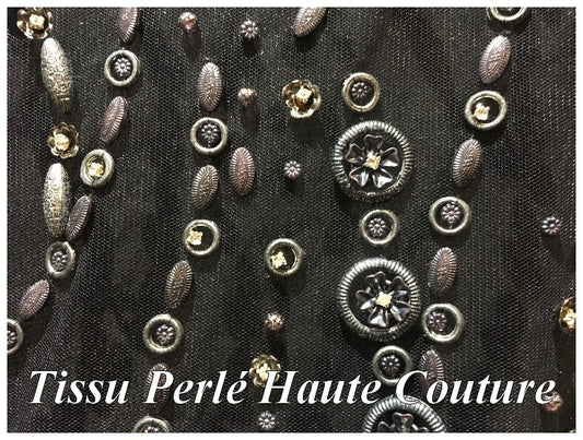 Haute Couture Pearl Fabric on Black Mesh for the Creation of Cocktail Dresses, Ceremonies and Caftans.