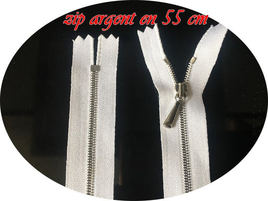 Zip Fermeture A Glissière Métal Fine Argent Blanche En 55 Cm Non-Ouvrable