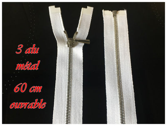 Zip Fermeture A Glissière Métal Fine Argent Blanche En 60 Cm Ouvrable