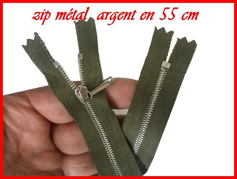 Zip Fermeture A Glissière Métal Fine Argent Kaki En 55 Cm Non-Ouvrable