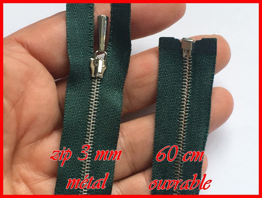 Zip Fermeture A Glissière Métal Fine Maille Argent Vert Emeraude En 60 Cm Ouvrable.