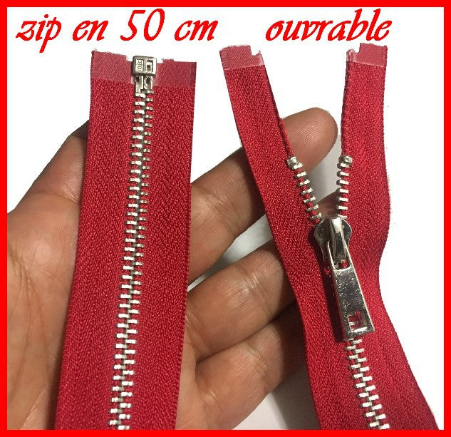 Zip Fermeture A Glissière Métal Maille Argent En 50 Cm Rouge Ouvrable