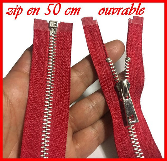 Zip Fermeture A Glissière Métal Maille Argent En 50 Cm Rouge Ouvrable