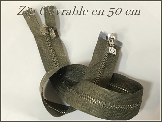 Zip Fermeture A Glissière Métal Maille kaki En 50 Cm Ouvrable