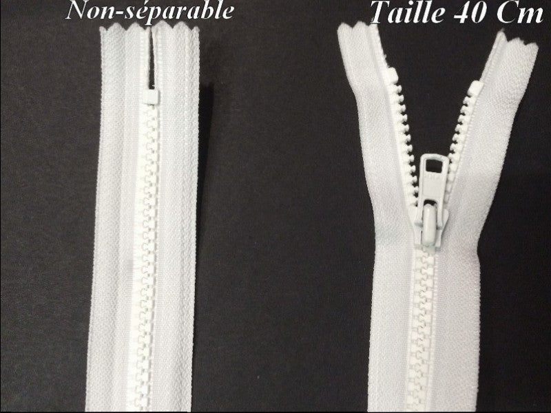 Zip Fermeture Eclair A Glissière 40 Cm Blanche Non-Ouvrable En Maille Plastique Injecté A Coudre.