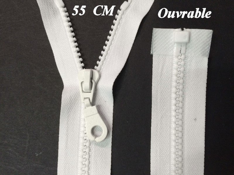Zip Fermeture Eclair A Glissière 55 Cm  Blanche Ouvrable En Maille Plastique Injecté A Coudre.