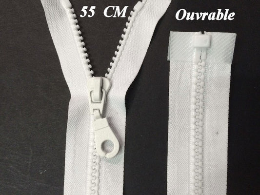 Zip Fermeture Eclair A Glissière 55 Cm  Blanche Ouvrable En Maille Plastique Injecté A Coudre.