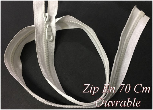 Zip Fermeture Eclair En 70 Cm Blanche à Glissière En Maille Plastique Injecté à Coudre Séparable.