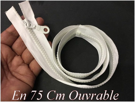 Zip Fermeture Eclair En 75 Cm Blanche à Glissière En Maille Plastique Injecté à Coudre Séparable.