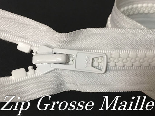 ZIP Fermeture Eclair Grosse Maille de 10 mm A Glissière en  40 Cm Blanche YKK Ouvrable  En Plastique Injecté A Coudre.