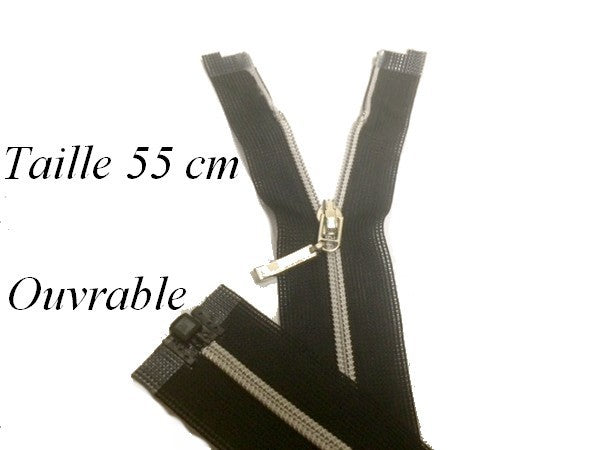 Zip Fermeture Noir Eclair à Glissière en Maille Argent en 55 cm ouvrable à Coudre