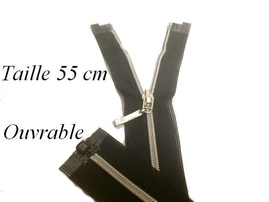 Zip Fermeture Noir Eclair à Glissière en Maille Argent en 55 cm ouvrable à Coudre