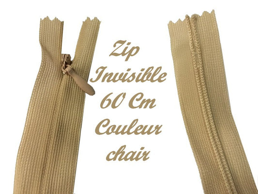 Zip invisible Couleur Chair En 60 cm, Non-Ouvrable A Coudre Pour Robes Et Confections