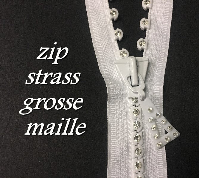 Zip Strass 35 cm Blanche, Fermeture éclair En Grosse Maille Strass Séparable, Ouvrable En 35 Cm.